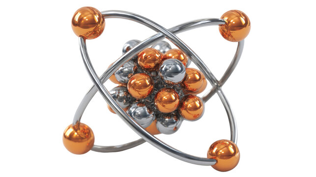 Three dimensional atom model showing metallic orbital rings and glossy spheres representing nucleus and electrons for physics science concept on white background