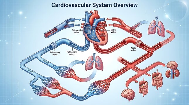 Human cardiovascular system overview and blood circulation diagram