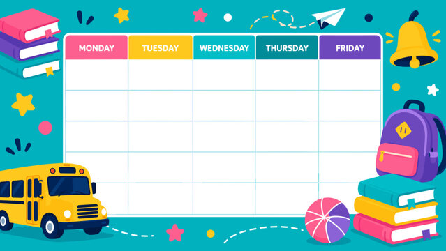 Bright, colorful calendar with school week layout. Yellow school bus, books, backpack, bell, and stars decorate scene. Perfect for children's classroom or school planner use