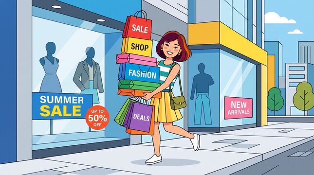 Happy young woman walking out of a store carrying many colorful shopping bags with sale, fashion, and deals labels on a city street, vector illustration for retail and consumerism concepts.
