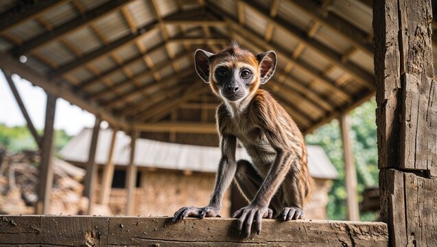 Young monkey standing inside rustic wooden barn