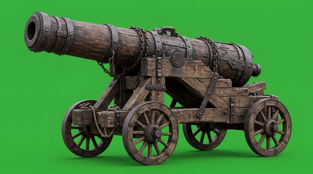 Vintage medieval siege cannon on wooden carriage isolated on green background