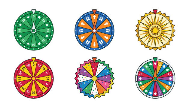 Fortune wheel vector set with colorful lottery spin wheels game prize win circle templates on white background
