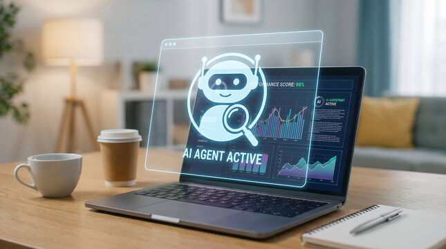 AI assistant bot performing digital sales report analysis on laptop screen in modern home office