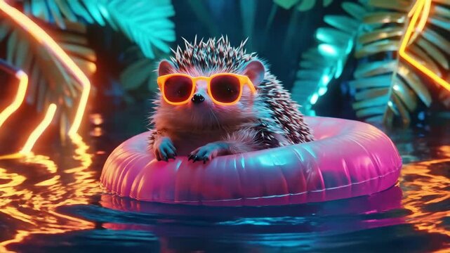 Hedgehog in sunglasses relaxing on inflatable ring amid neon lights and tropical foliage