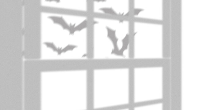 Black silhouette of bats flying outside a window pane during a dark night for a spooky halloween holiday celebration