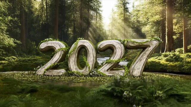 Beautiful woodland whith 2027 text and animation design video