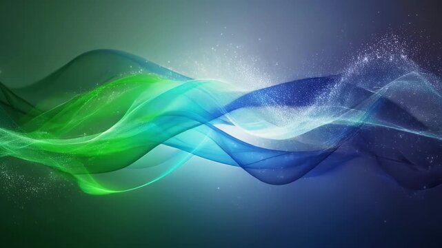 Abstract flowing green, white, and blue translucent waves with sparkles