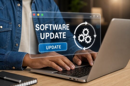 Hands typing on laptop with software update concept and gear icons floating above screen