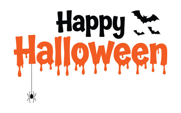 Happy Halloween dripping typography vector design with flying bats and hanging spider, spooky horror text illustration for greeting card, poster, banner, sticker, t shirt and party decoration