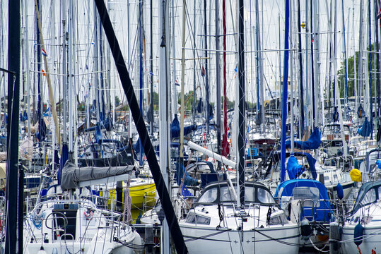 Dense cluster of sailboats docked in a crowded harbor, masts creating a complex pattern against the sky
