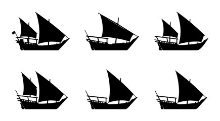 Set of Six Silhouette Dhow Ships, Ancient Sailing Vessels, Nautical Transportation Icons, Maritime History Vector Graphics © Karim
