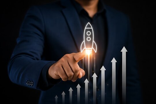 Businessman launching a glowing rocket over rising growth chart arrows