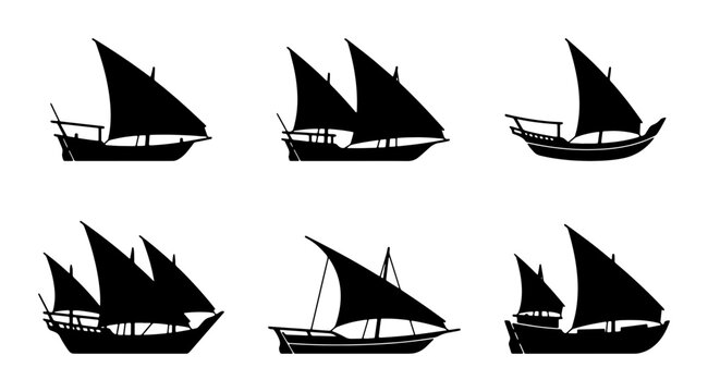 Traditional Dhow Sailboat Silhouettes, Set of 6 Vector Icons, Maritime Nautical Transportation and Travel