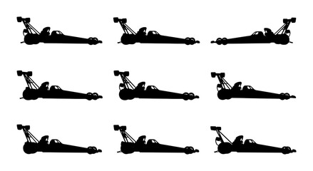 Obraz premium Formula 1 Racing Car Silhouettes, Motorsport Speed Vector Icons, Dynamic Automotive Graphics, Black and White Speedway Design Elements