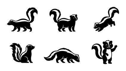 Obraz premium Vector Skunk Icons Set, Black and White Animal Silhouettes Collection, Cute Mammal Illustrations for Wildlife and Nature Projects
