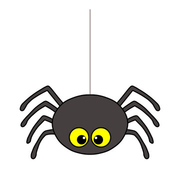 Cute Black Spider Hanging on Web String for Halloween Digital Illustration on Transparent Background
