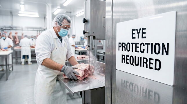 Meat processing worker using bandsaw beside eye protection required safety sign, food industry safety compliance concept