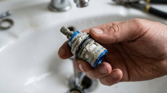 Corroded Limescale Covered Faucet Cartridge Held in Hand - Limescale Buildup and Faucet Cartridge Replacement Concept