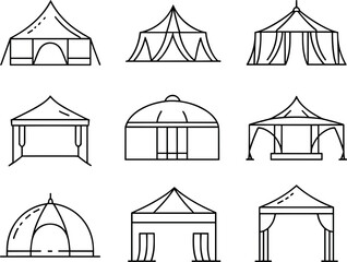 Camping and event tent line icon set, outline marquee pavilion and circus collection on white background © Md