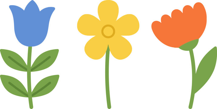 Set of three colorful stylized flowers with green stems and leaves