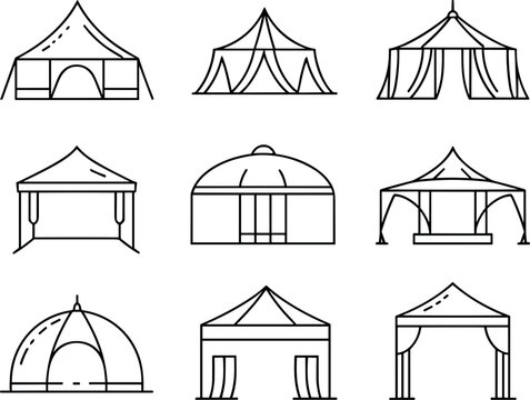 Camping and event tent line icon set, outline marquee pavilion and circus collection on white background