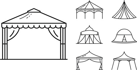 Canopy tent line icon set, event pavilion and wedding marquee outline collection isolated on white background © Md