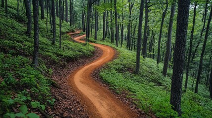 Obraz premium Serpentine forest path winds through lush green woodland, bathed in soft light, creating a tranquil outdoor scene for recreation and exploration.