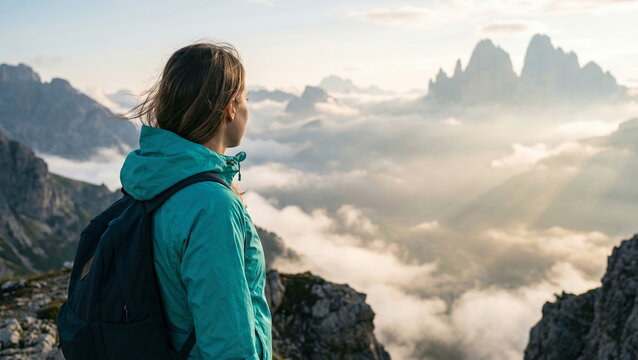 Hiker admiring misty mountain peaks from cliff edge, outdoor adventure exploration concept