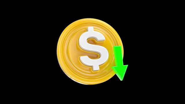 3D gold dollar coin downward arrow