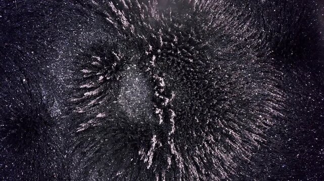 Macro shot of magnetic field lines and patterns created by iron filings under the influence of a magnetic field.