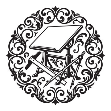 Ornate Victorian drafting table emblem with ornamental flourish, filigree and scrollwork border featuring architect tools compass and t-square black and white illustration.