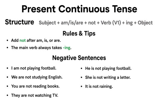 Present Continuous Tense Negative Sentences Grammar Infographic for English Learning