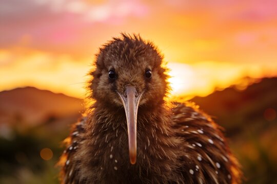 Fluffy kiwi bird portrait with long beak facing camera under warm sunset mountain sky