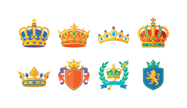 Royal Crown Collection, bright flat vector icon set featuring king crown, queen crown, princess crown, imperial crown, coronet, luxury crest, coronation badge, royal emblem, covering royalty, luxury,