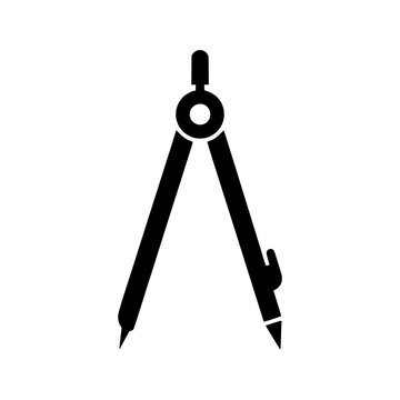Black silhouette of drafting compass with pencil and protractor arms set against a plain white background.