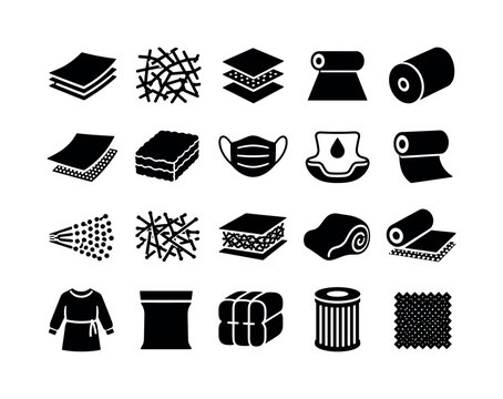 Nonwoven Fabric Materials, solid glyph icon set, 20 fully filled black glyph icons including felt sheet, fiber mat, filter layer, nonwoven web, industrial roll, geotextile sheet, insulation pad,