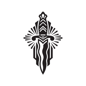 Art Deco Dagger Icon with Geometric Sunburst and Luxury Ornamental Design, Vintage Minimalist Black and White Vector Illustration