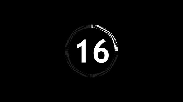 21 seconds circle countdown timer animation from 21 to 0 seconds on transparent background with alpha channel, countdown video