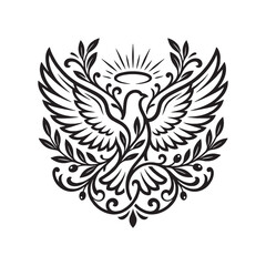 Fototapeta premium Victorian Ornamental Dove with Filigree Scrollwork and Flourish Details, Christian Peace Symbol with Halo and Olive Branch Silhouette Vector Art