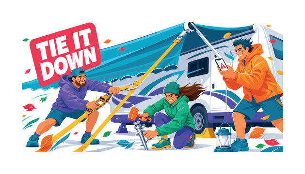 Camper Awning Storm Security Banner illustration showing three campers securing an oversized RV awning with large storm tie-down straps, one tightening a ratchet, one placing an anchor, and one