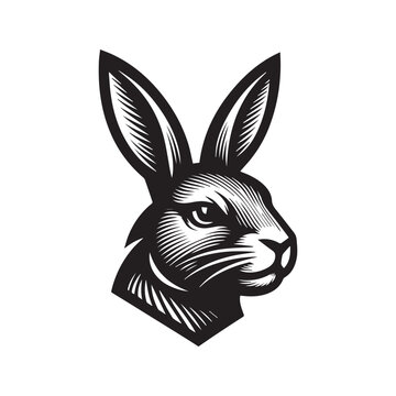 Stylized black and white illustration of a rabbit head in a vintage woodcut engraving style.
