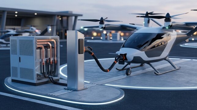eVTOL charging station with fast-charging pedestal, connector arm, battery cabinet, copper busbars, and a powered landing pad.