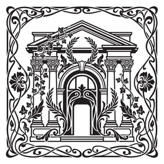 Fototapeta premium Artnouveau Botanical Architectural Design with Ornamental Floral Whiplash Border and Classical Building Elements