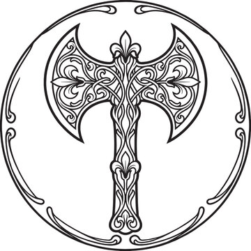 Ornamental Art Nouveau Double-Headed Axe with Botanical and Floral Whiplash Patterns in a Circle, Black and White Line Art Illustration