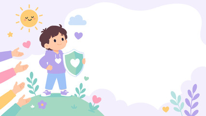 Child holds a shield with a heart, symbolizing protection. Hands reach out from all sides, offering support and care. Sun smiles warmly beside cheerful clouds and gentle leaves