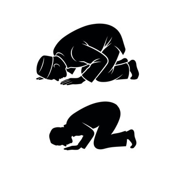 Black silhouette icons of a Muslim man performing prostration during Islamic prayer on white background.