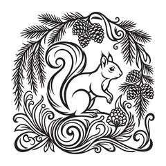 Fototapeta premium Art Nouveau Squirrel Illustration with Ornamental Botanical Pine Branches and Whiplash Floral Design