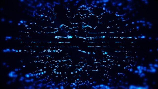 Chaotic motion of blue data particles on a dark background. Fast digital stream in cyber space, abstract matrix structure. Horizontal sci-fi background for technology, networks and AI visuals