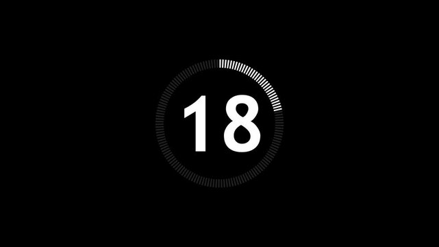 23 seconds circle countdown timer animation from 23 to 0 seconds on transparent background with alpha channel, countdown video